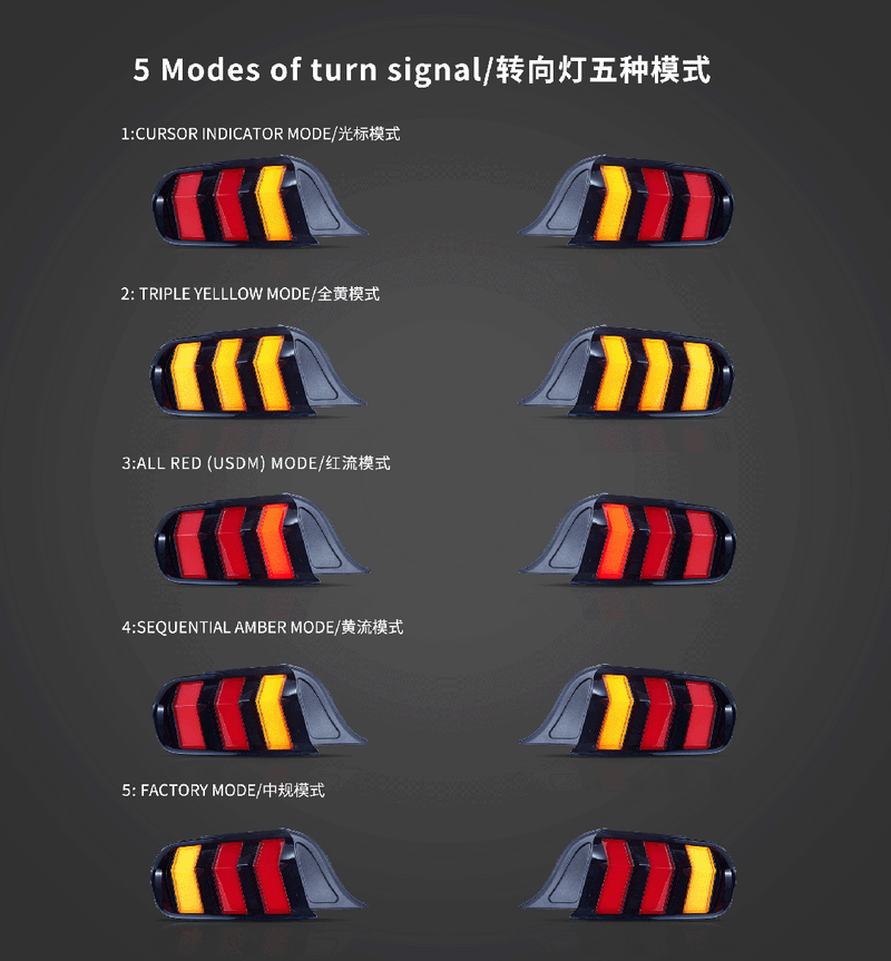 VLAND LED Tail Lights for Ford Mustang 2015-2023 6th Gen 5-Mode Turn Signal Switchable