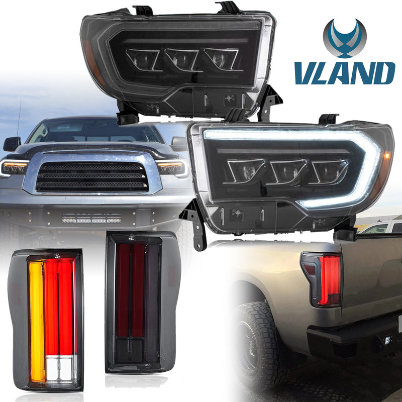 VLAND LED Projector Headlights + Smoked LED Tail Lights For Toyota Tundra 2007-2013