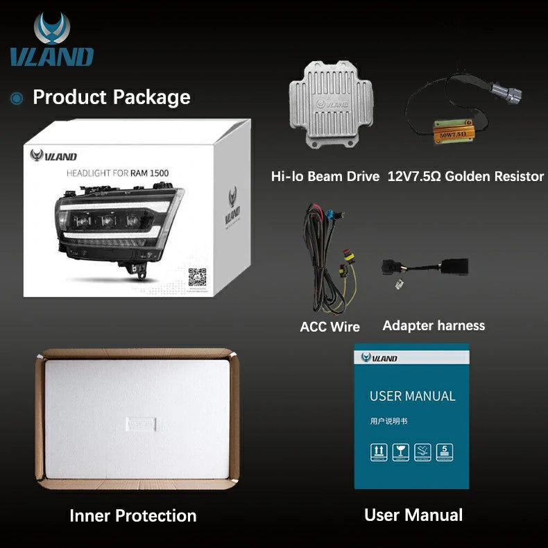 VLAND Full LED Projector Headlights For Ram 1500 2019-2024 5th Gen