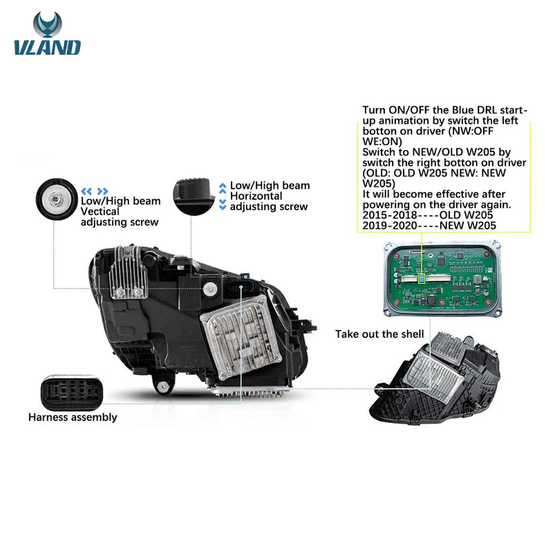 VLAND Full LED Projector Headlights with blue For Mercedes Benz C-Class W205 2015-2020