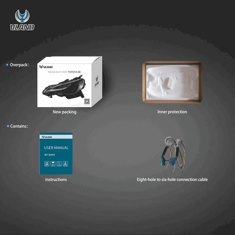 VLAND RGB LED Dual Beam Headlights for Toyota 86 12-20, Subaru BRZ 13-19, Scion FR-S 13-16 1st Gen (ZN6/ZC6) w/ sequential Turn Signal Dynamic Mode