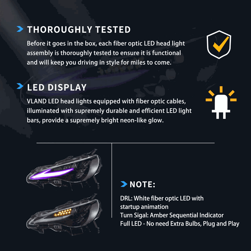 VLAND RGB LED Dual Beam Headlights for Toyota 86 12-20, Subaru BRZ 13-19, Scion FR-S 13-16 1st Gen (ZN6/ZC6) w/ sequential Turn Signal Dynamic Mode