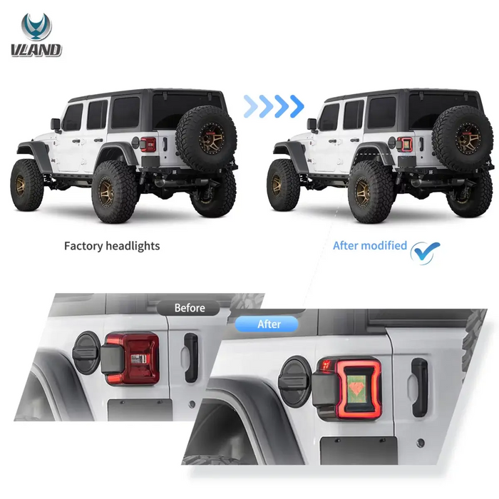 Fanali posteriori VLAND Full LED per Jeep Wrangler 2018-UP (retromarcia singola con indicatori di direzione rossi)