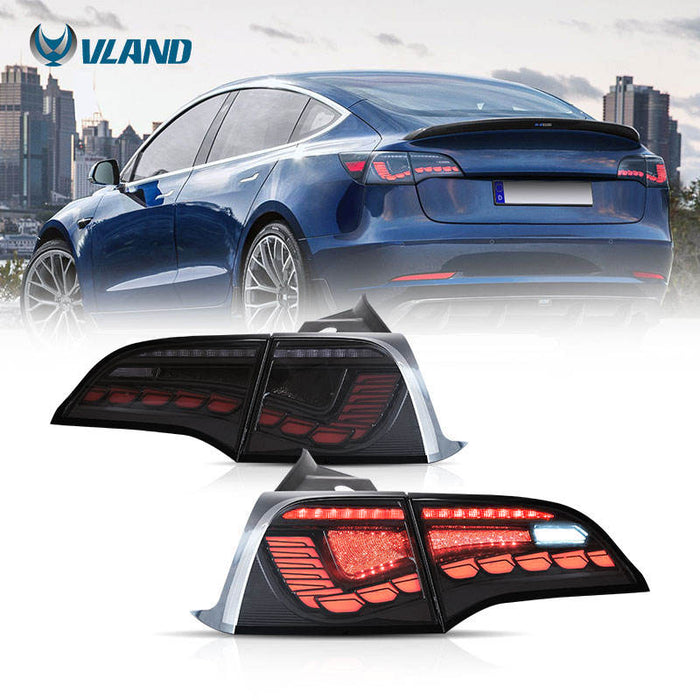 VLAND LED Tail Lights for Tesla Model 3 2007-2022 with Start Up Animation Sequential Red Indicator (US Model)