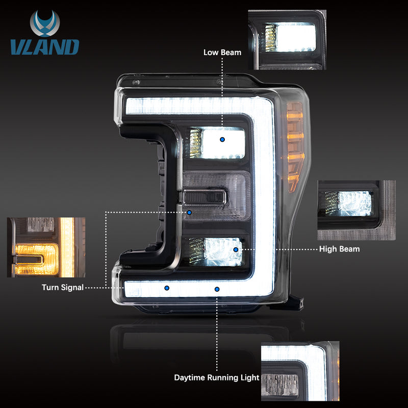 VLAND LED LHD Headlights for Ford F250 / F350 / F450 / F550 Super Duty 2017-2019 Fourth generation All Models