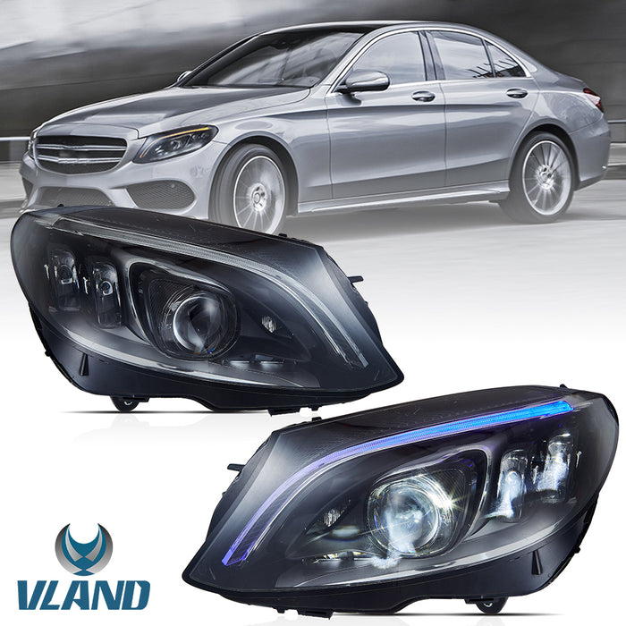 Phares LED VLAND avec bleu pour Mercedes Benz Classe C W205 2015-2020 (un seul côté ou ensemble complet)