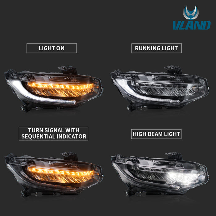 VLAND Full LED Headlights + Tail Lights for Honda Civic Hatchback 2016-2021 [Not fit Type R]