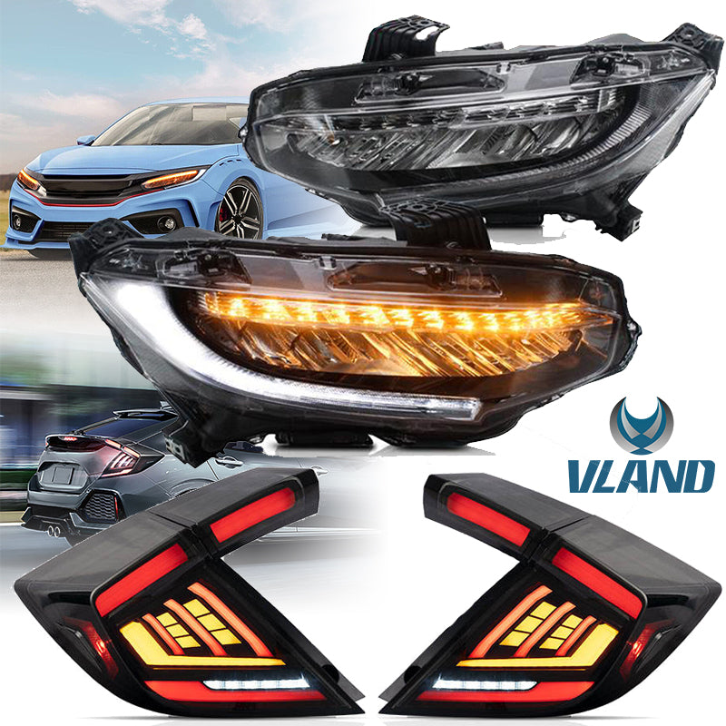 VLAND Full LED Headlights + Tail Lights for Honda Civic Hatchback 2016-2021 [Not fit Type R]