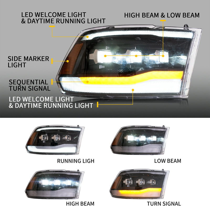 VLAND LED Reflector Projector Headlights + LED Tail Light for 09-18 Dodge RAM 1500/2500/3500