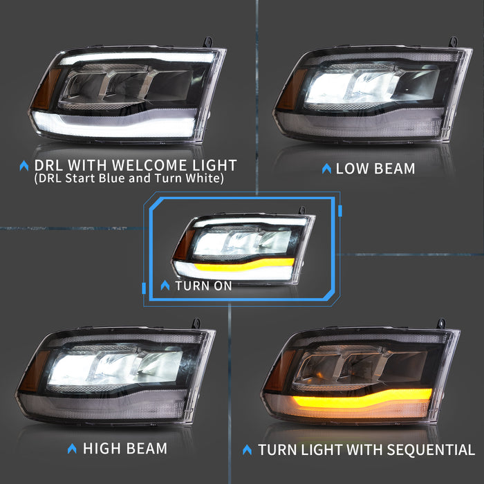 VLAND LED Reflector Projector Headlights + LED Tail Light for 09-18 Dodge RAM 1500/2500/3500