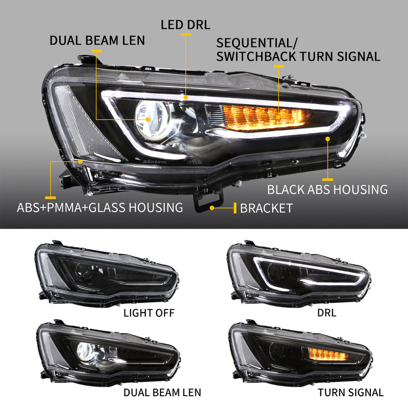 VLAND Dual Beam Projector Headlights and Tail Lights for Mitsubishi Lancer EVO X 2008-2017 (Multi-Choice Combination)