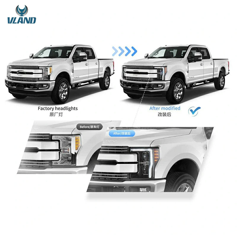 Reflektory projektorowe LED VLAND do Forda F250/F350/F450/F550 Super Duty 2017–2019 Pickup Truck 4. generacji
