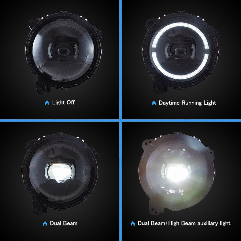 Pełne reflektory LED VLAND do Jeepa Wranglera 2018-2023 z animacją startową (9 cali)