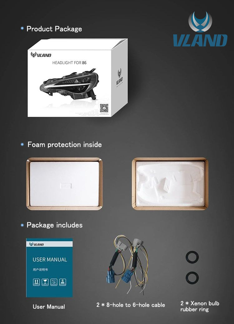 VLAND Full LED Dual Beam Headlights + LED Tail Lights for Toyota 86 2012-2020, Subaru BRZ 2013-2019 and Scion FR-S 2013-2016 1st Gen (First generation ZN6/ZC6) w/ sequential Turn Signal