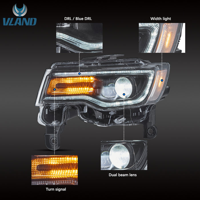 VLAND LED Dual Beam Projector Headlights for Jeep Grand Cherokee WK2 2014-2021 4th Gen (Fourth Generation WK2)