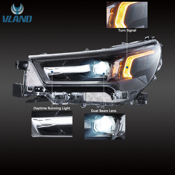 VLAND LED Dual Beam Headlights for Toyota Hilux / Revo 2021-2024 8th Gen 2nd Facelift Models (AN110/120/130)