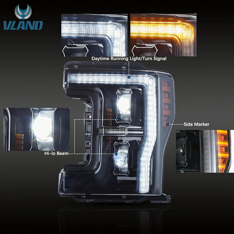 Reflektory projektorowe LED VLAND do Forda F250/F350/F450/F550 Super Duty 2017–2019 Pickup Truck 4. generacji