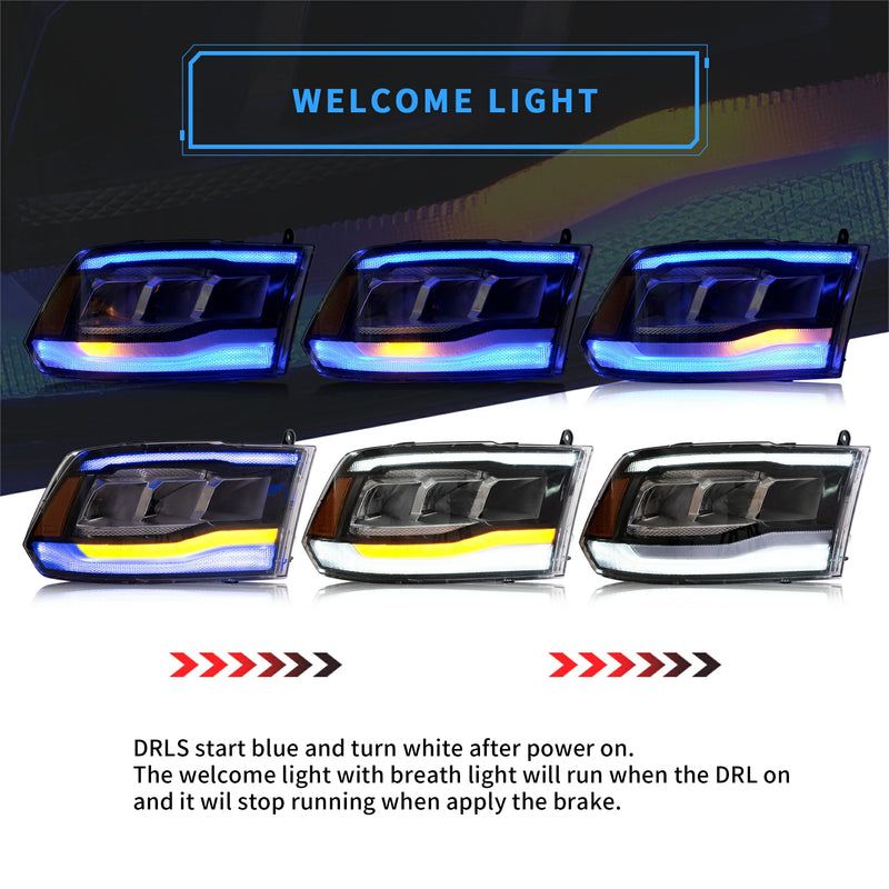 VLAND LED Reflector Projector Headlights + LED Tail Light for 09-18 Dodge RAM 1500/2500/3500