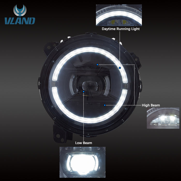 Phares VLAND Full LED pour Jeep Wrangler 2018-UP avec éclairage activé (9 pouces) YAA-MR-0313