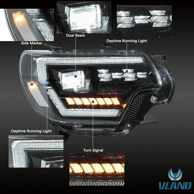 VLAND Full LED Dual Beam Headlights for Toyota Tacoma 2012-2015 2nd Gen w/ Sequential Indicator Startup Animation