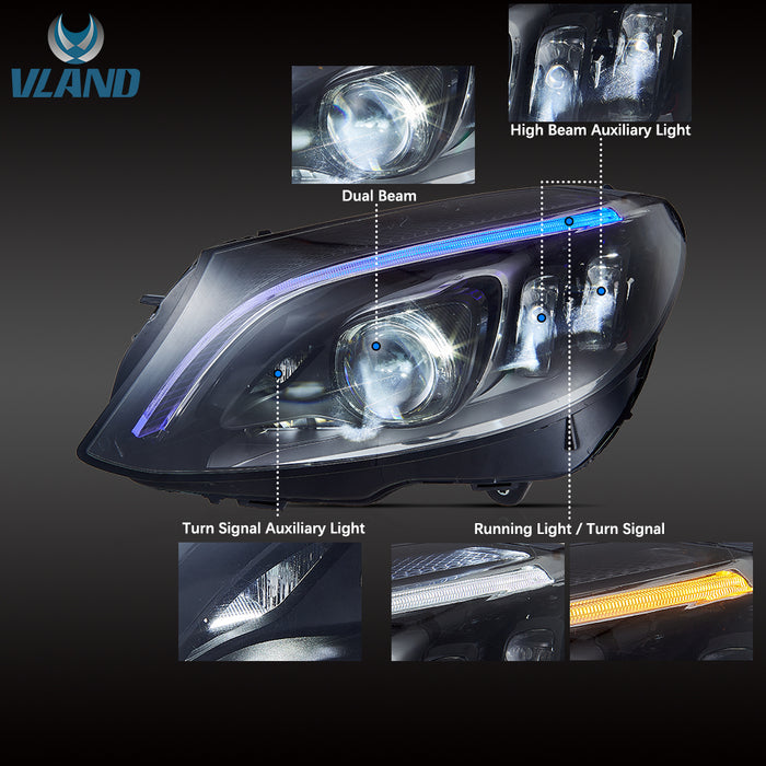 Phares LED VLAND avec bleu pour Mercedes Benz Classe C W205 2015-2020 (un seul côté ou ensemble complet)