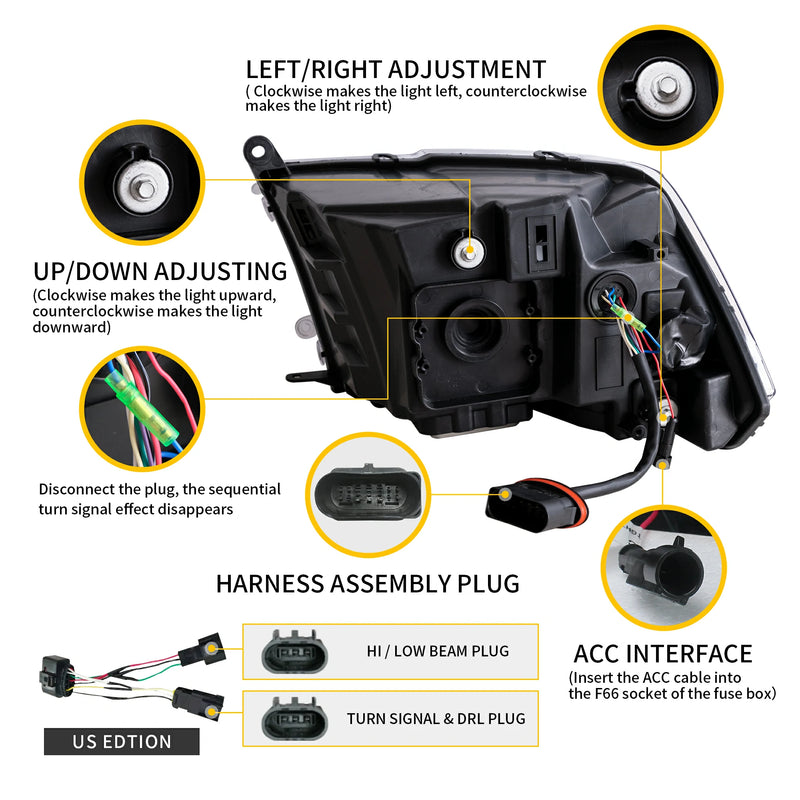 VLAND LED Reflector Projector Headlights + LED Tail Light for 09-18 Dodge RAM 1500/2500/3500