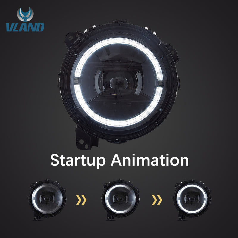 Pełne reflektory LED VLAND do Jeepa Wranglera 2018-2023 z animacją startową (9 cali)