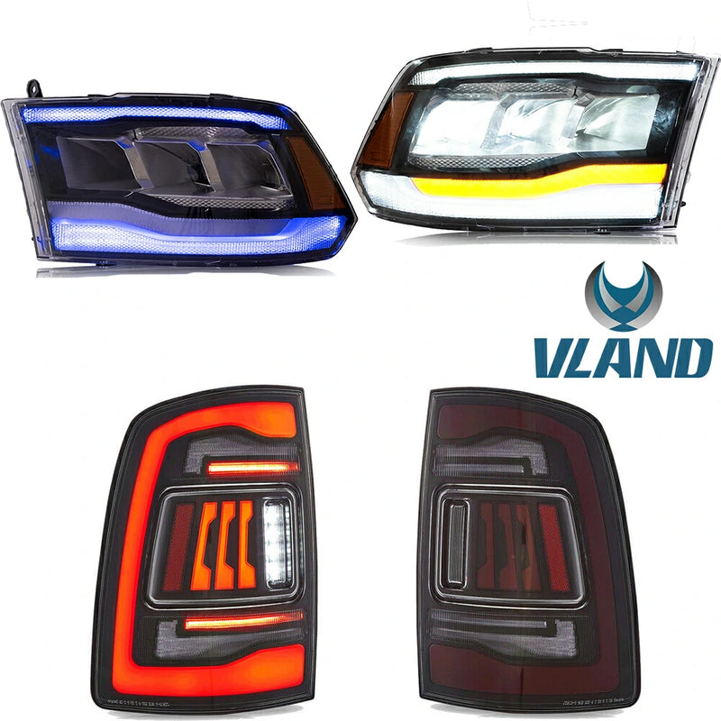 VLAND LED Reflector Projector Headlights + LED Tail Light for 09-18 Dodge RAM 1500/2500/3500