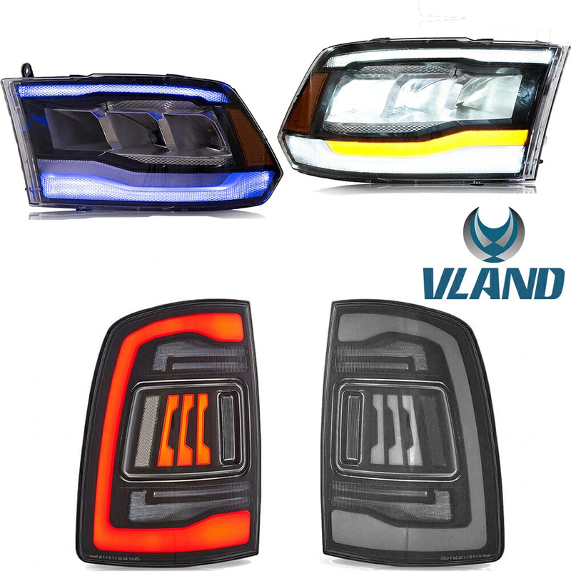 VLAND LED Reflector Projector Headlights + LED Tail Light for 09-18 Dodge RAM 1500/2500/3500