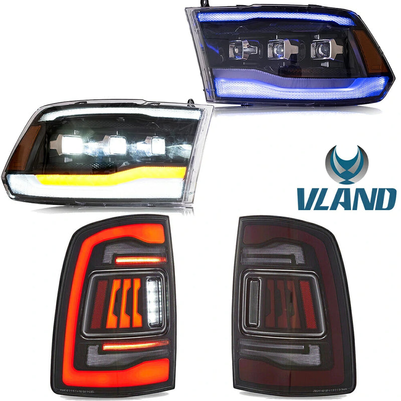 VLAND LED Reflector Projector Headlights + LED Tail Light for 09-18 Dodge RAM 1500/2500/3500