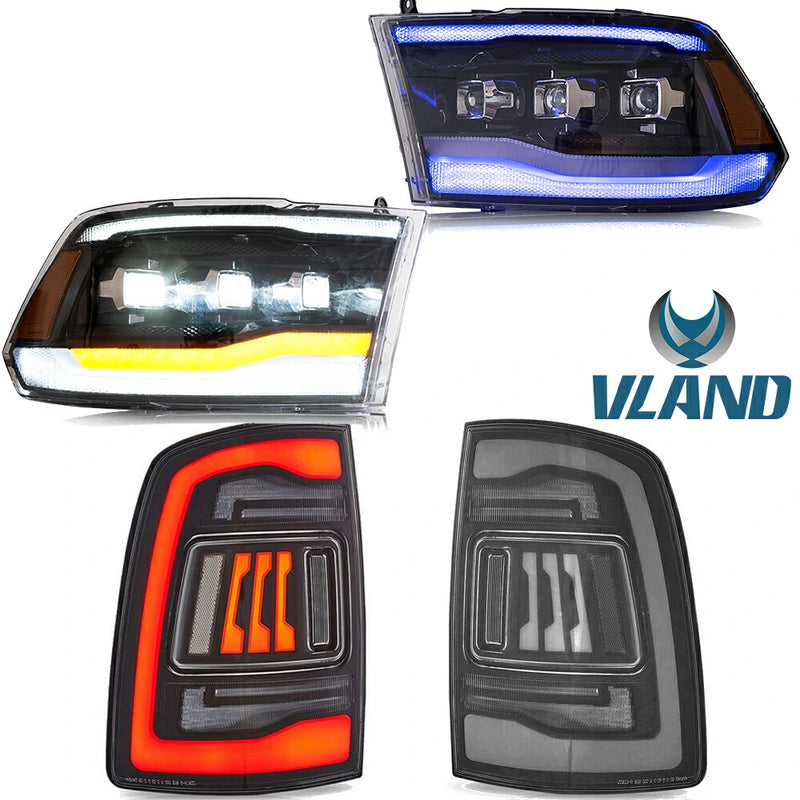 VLAND LED Reflector Projector Headlights + LED Tail Light for 09-18 Dodge RAM 1500/2500/3500