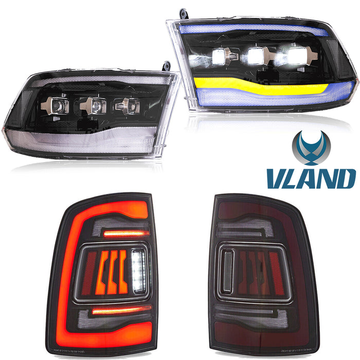 VLAND LED Reflector Projector Headlights + LED Tail Light for 09-18 Dodge RAM 1500/2500/3500