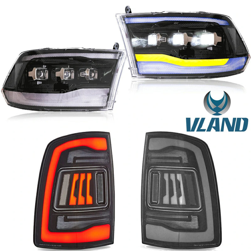 VLAND LED Reflector Projector Headlights + LED Tail Light for 09-18 Dodge RAM 1500/2500/3500