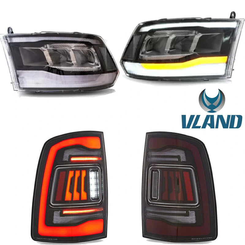 VLAND LED Reflector Projector Headlights + LED Tail Light for 09-18 Dodge RAM 1500/2500/3500