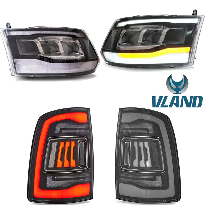 VLAND LED Reflector Projector Headlights + LED Tail Light for 09-18 Dodge RAM 1500/2500/3500