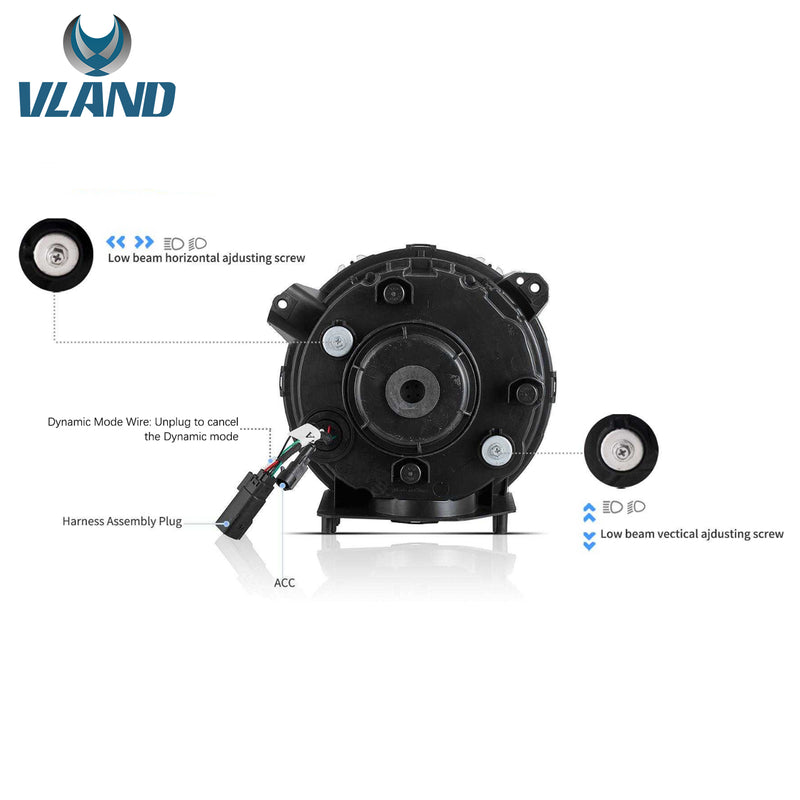 Pełne reflektory LED VLAND do Jeepa Wranglera 2018-2023 z animacją startową (9 cali)