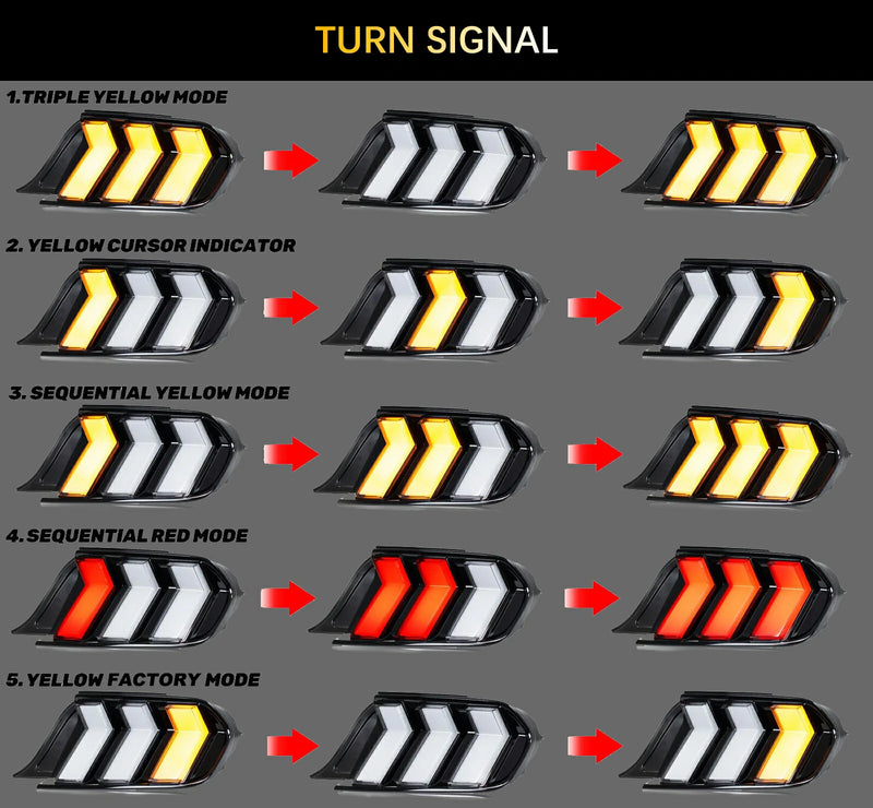 VLAND LED Tail Lights for Ford Mustang 2015-2023 6th Gen 5-Mode Turn Signal Switchable