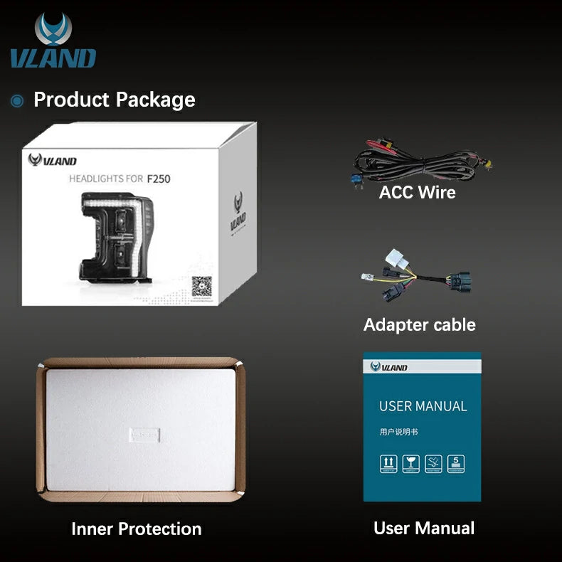 Reflektory projektorowe LED VLAND do Forda F250/F350/F450/F550 Super Duty 2017–2019 Pickup Truck 4. generacji