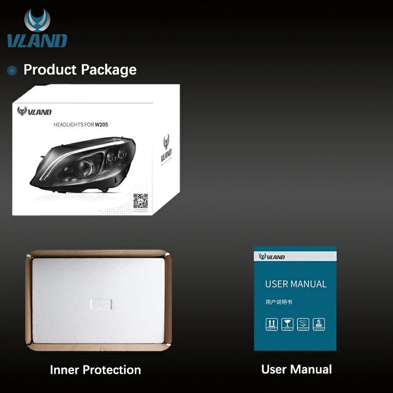 VLAND Full LED Projector Headlights with blue For Mercedes Benz C-Class W205 2015-2020