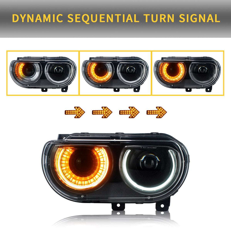 VLAND Dual Beam Projector Headlights For Dodge Challenger 2008-2014 with Sequential Turn Signals VLAND Factory