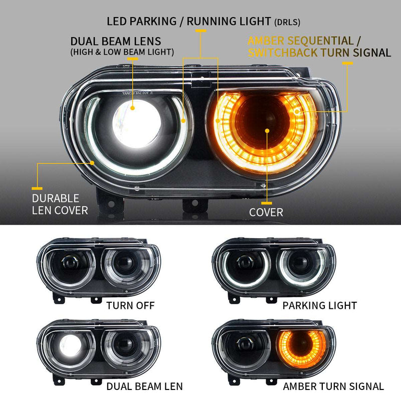 VLAND Dual Beam Projector Headlights For Dodge Challenger 2008-2014 with Sequential Turn Signals VLAND Factory