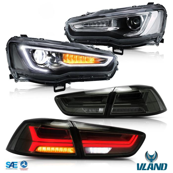VLAND Dual Beam Projector Headlights and Tail Lights for Mitsubishi Lancer EVO X 2008-2020 (Multi-Choice Combination) VLAND Factory
