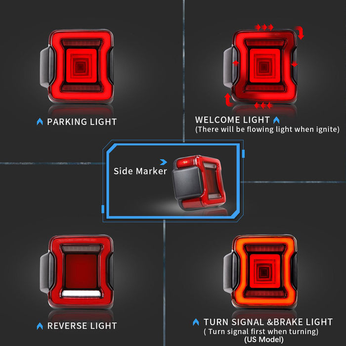 VLAND Full LED Tail Lights For Jeep Wrangler 2018-2022 (Single Reverse w/ Red Turn Signals) VLAND Factory