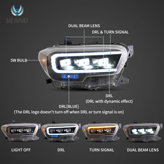 VLAND LED Projector Headlights For Toyota Tacoma 2016-2023