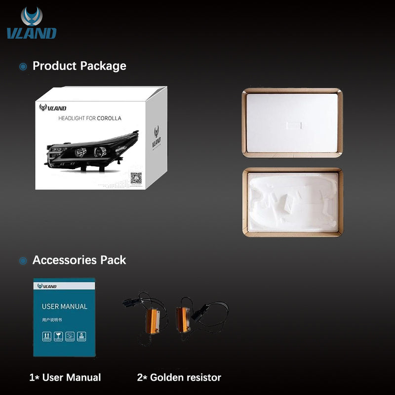 VLAND LED Dual Beam Headlights For Toyota Corolla 2014-2019 (International Version Eleventh Generation / 11th Gen E170/E180) -0251GNLZ VLAND Factory