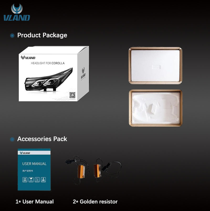 VLAND LED Dual Beam Headlights For Toyota Corolla 2014-2019 (International Version Eleventh Generation / 11th Gen E170/E180)-0257GWBC VLAND Factory