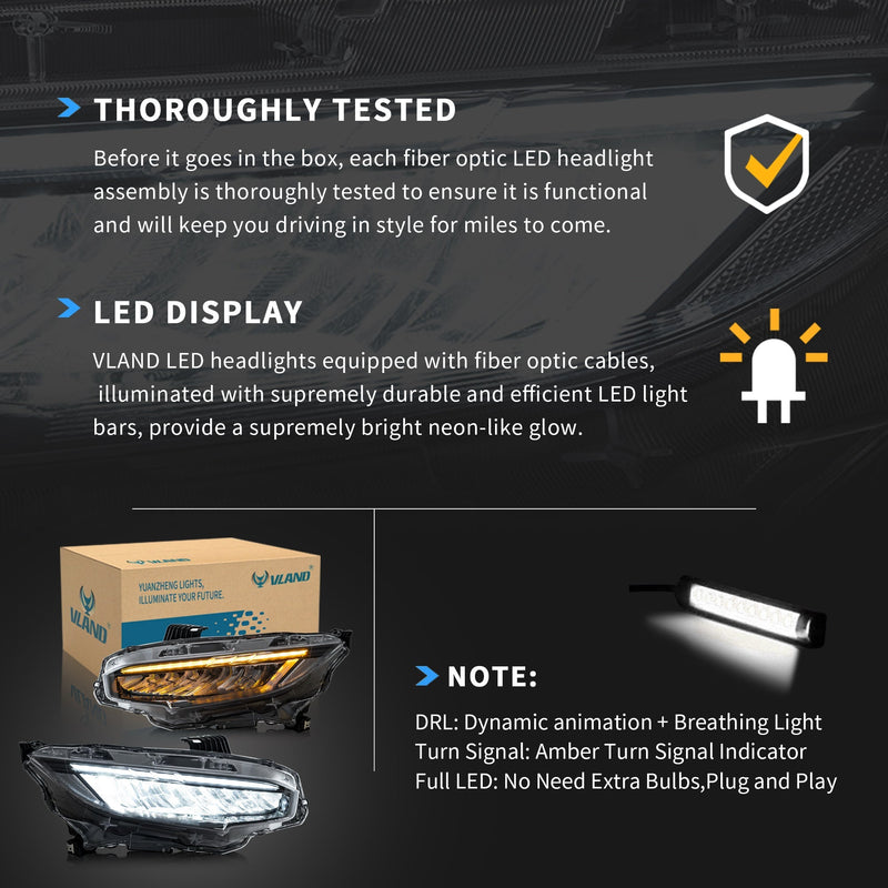 VLAND LED Headlights For Honda Civic Sedan / Coupe / Hatchback 2016-2021 VLAND Factory