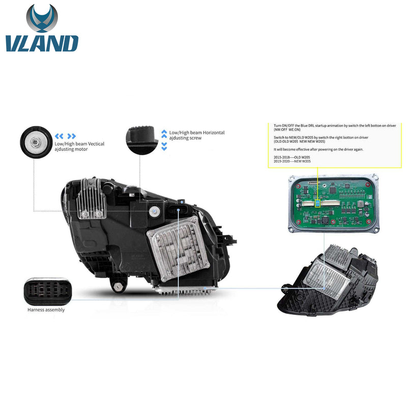 VLAND LED Headlights with blue For Mercedes Benz C-Class W205 2015-2020 VLAND Factory