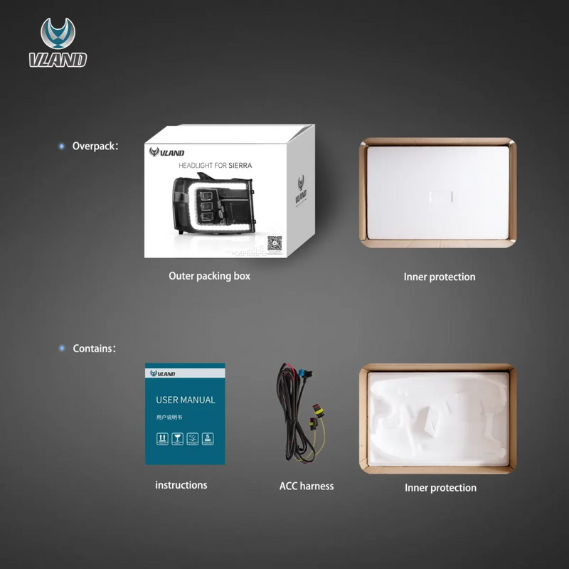 VLAND LED Projector Headlights for GMC Sierra 1500 SLE 2007-2013 With Start-Animation VLAND Factory