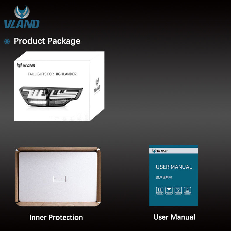 VLAND LED Tail Lights For Toyota Highlander 2014-2019 w/Sequential Signal Dynamic Mode Start-up Animation VLAND Factory